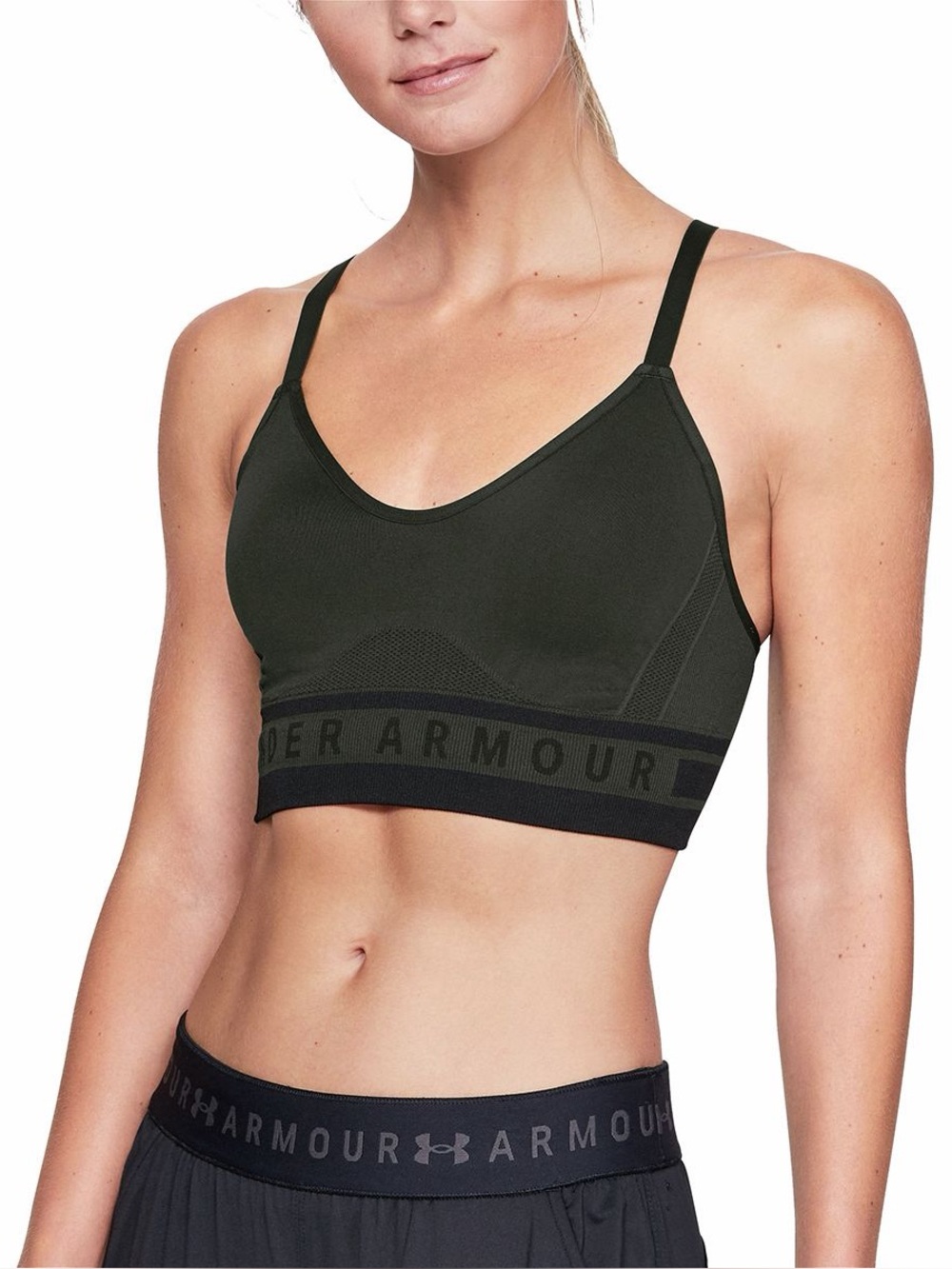 Under Armour UA Seamless Longline Compression Sports Bra M Olive Green Black
